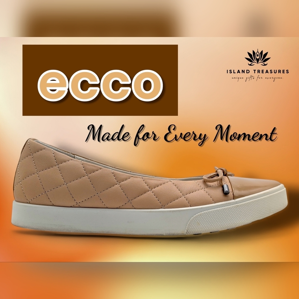 ECCO Quilted Tan Ballet Flat Sz 6 Powder/Beige Quilted Leather Patent Glossy Toe